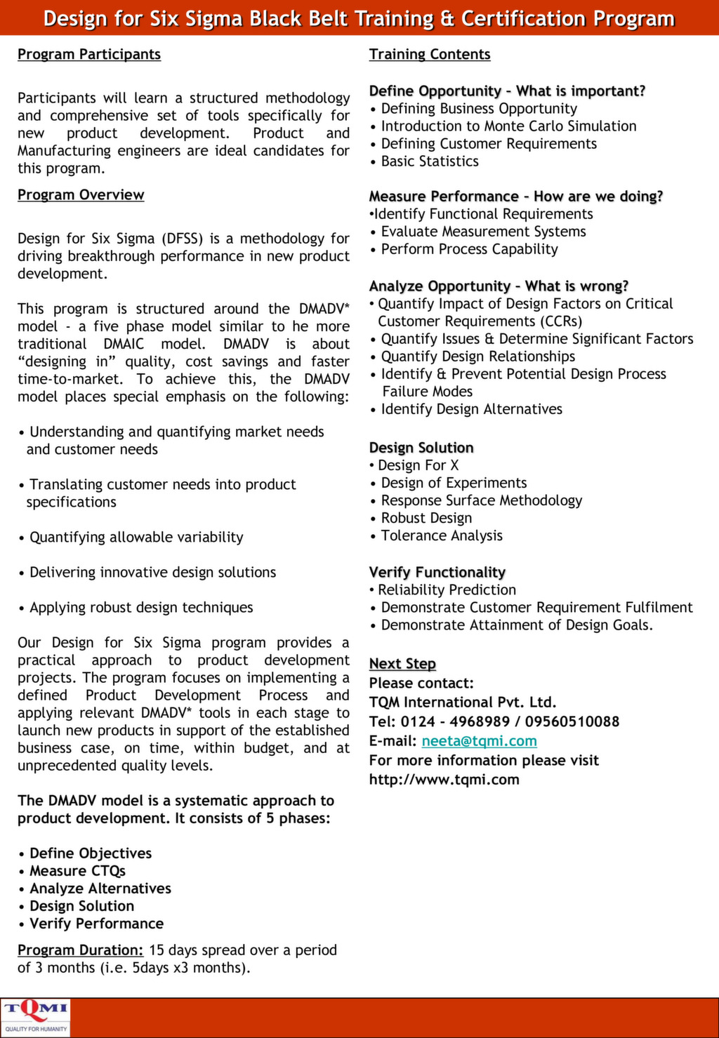 Design for Six Sigma — Black Belt Info Sheet & Training Overview